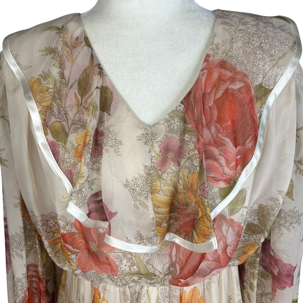 J Peterman Chiffon Ruffle Dress 12 Floral Feminine Tiered Empire Waist Romantic - Picture 7 of 15